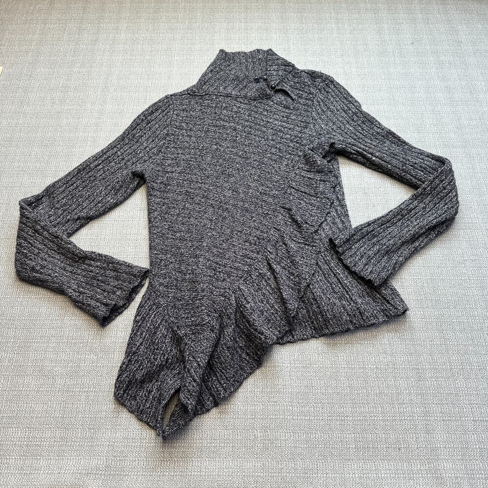 Whimsical Knitted & Knotted Gray‎ Ruffle Wool Blend Sweater XS Asymmetrical Hem